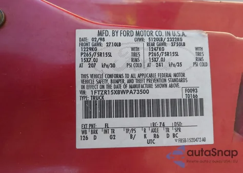 1998 Ford Ranger Splash/Xl/Xlt из США, поврежденный, VIN 1FTZR15X8WPA73500